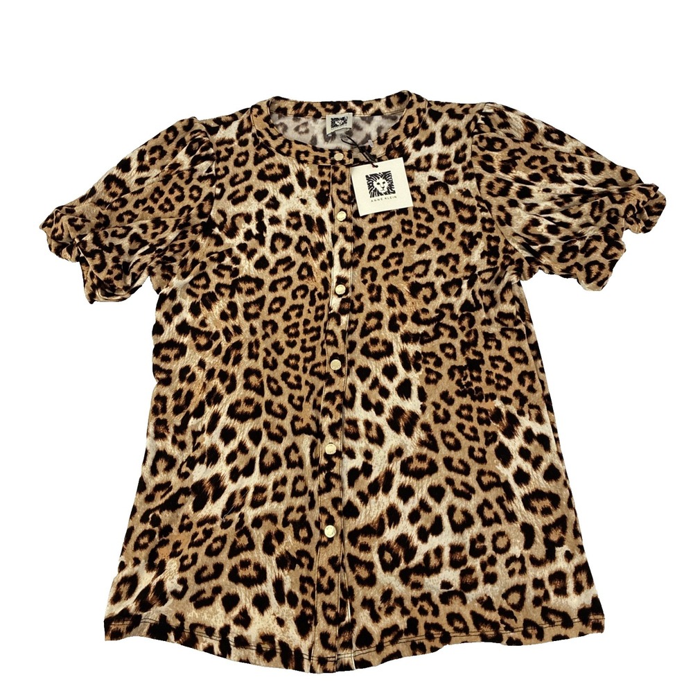 NEW Anne Klein Womens Size XS Puff Sleeve Leopard Print Blouse Brown Black NWT